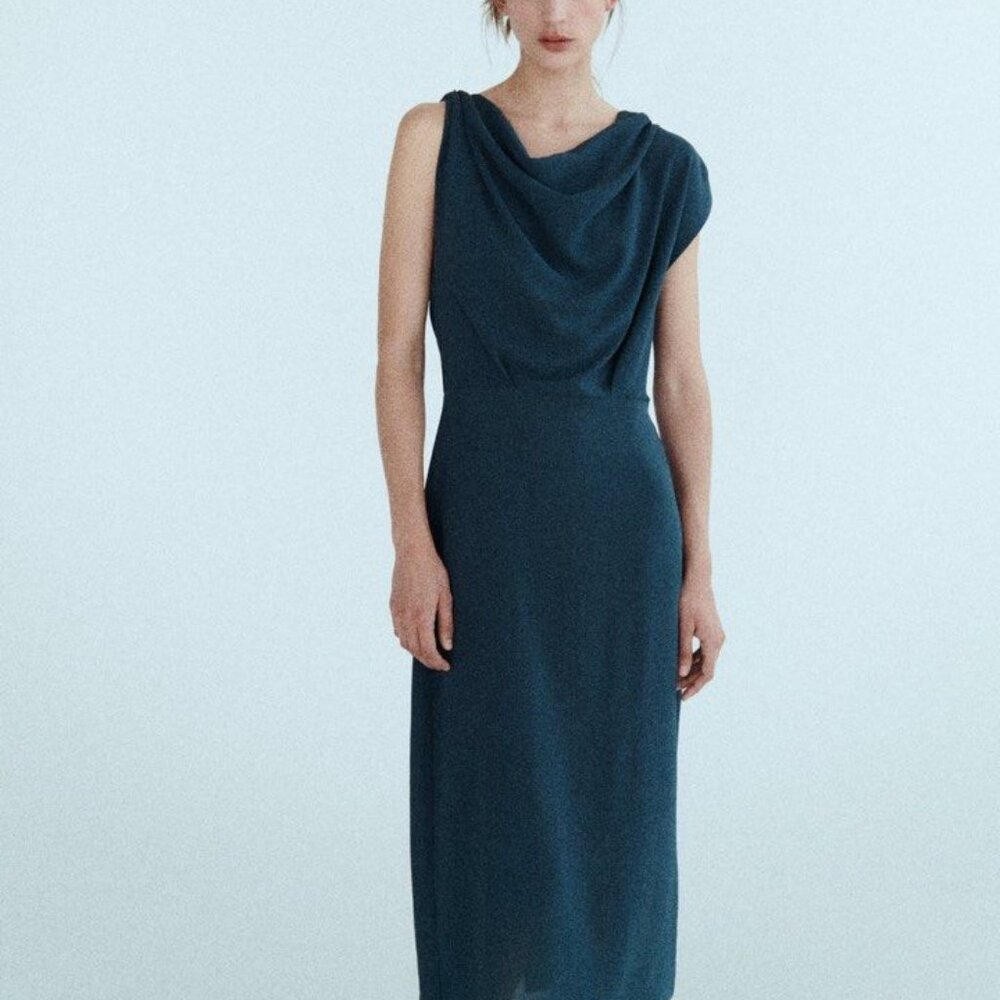 LIKE NEW Zara Blue Midi Dress with Draped Neckline Large